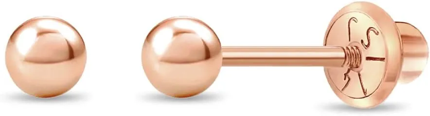 14k Rose Gold Girl's Ball Stud Screw Back Earrings for Toddlers & Young Girls - Small Classic Ball Stud Earrings for Young Kids & Preteens - Simple & Elegant Earrings for Children