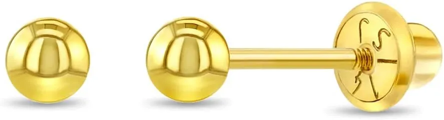 14k Yellow Gold Classic 3,4,5,6mm Ball Screw Back Earrings for Babies, Toddlers & Young Girls - Cute Small Ball Earrings For Little Girls With Safety Screw Backs