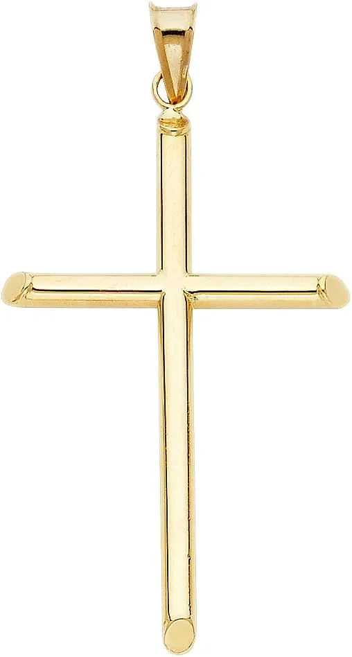 14K Yellow Gold Classic Cross Religious Charm Pendant with 1.2mm Box Chain Necklace