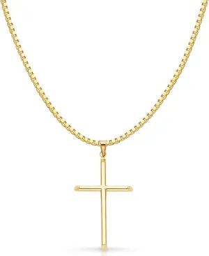 14K Yellow Gold Classic Cross Religious Charm Pendant with 1.2mm Box Chain Necklace