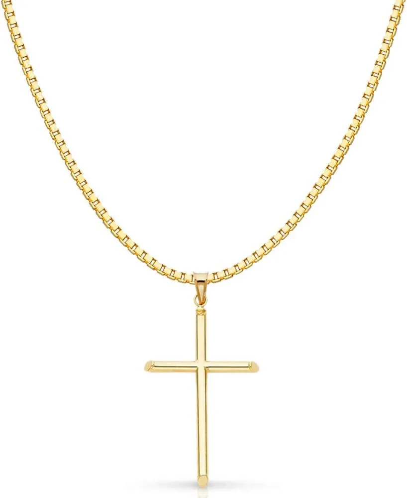 14K Yellow Gold Classic Cross Religious Charm Pendant with 1.2mm Box Chain Necklace