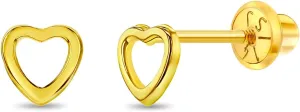 14k Yellow Gold Young Girls Tiny 5mm Open Heart Screw Back Earrings for Children - Simple * Classic Heart Earrings with Safety Screw Locking Backs - Little Heart Earrings for Toddlers
