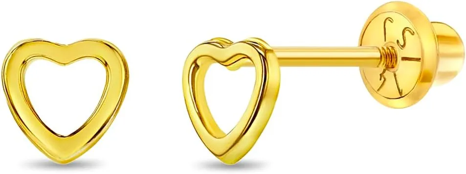 14k Yellow Gold Young Girls Tiny 5mm Open Heart Screw Back Earrings for Children - Simple * Classic Heart Earrings with Safety Screw Locking Backs - Little Heart Earrings for Toddlers