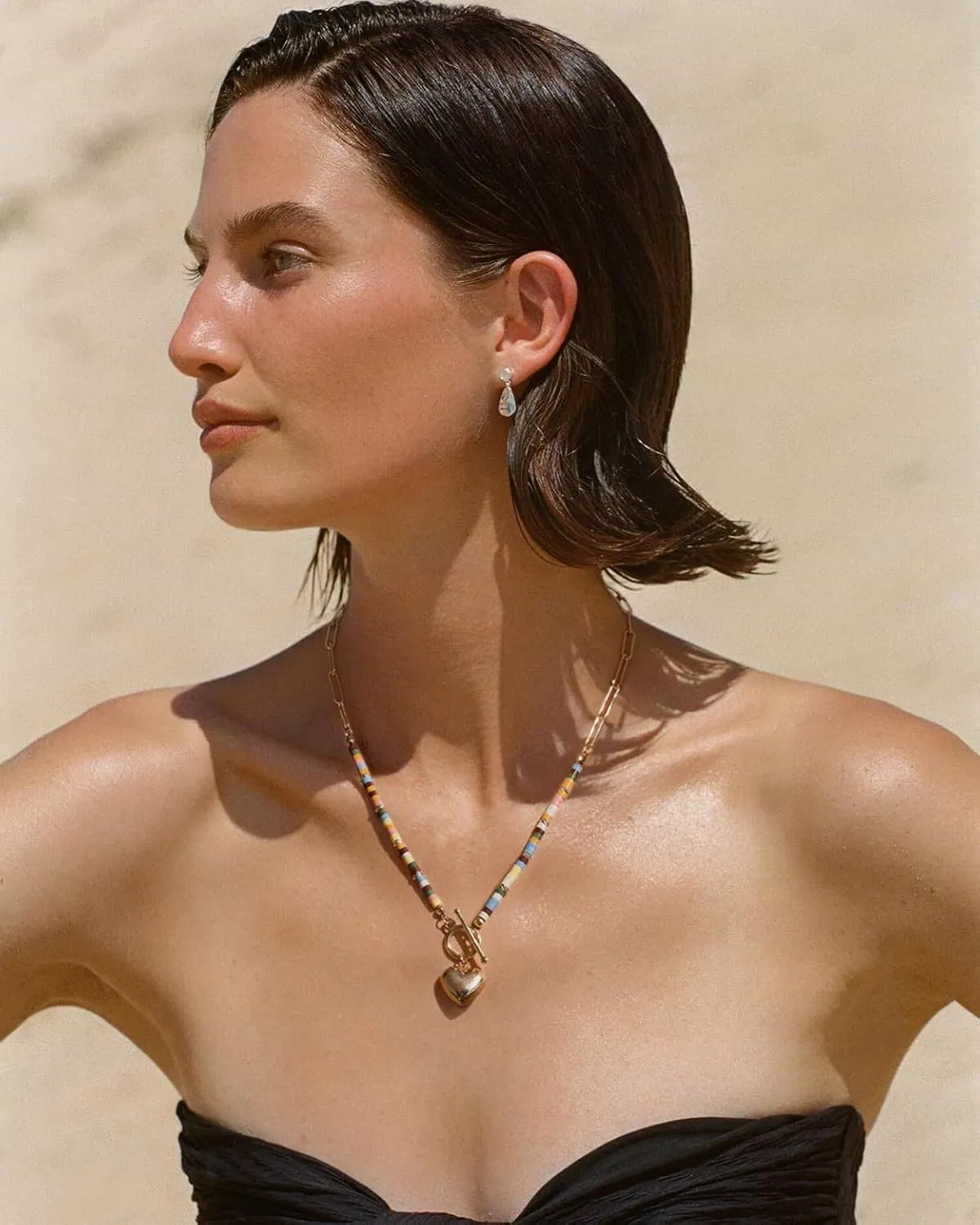 18k Gold Chain Link Necklace for Women, Baroque Pearl/Compass Pendant Necklace