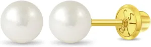 18k Yellow Gold 3mm-6mm Girls' Classic Cultured Pearl Safety Screw Back Earrings - Freshwater Cultured Pearl Earrings for Infants, Toddlers, Little Girls, and Teens