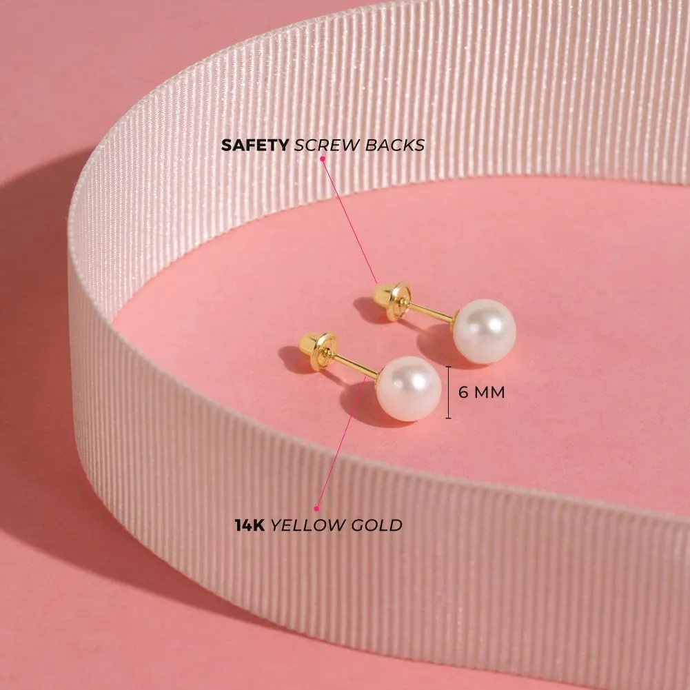 18k Yellow Gold 3mm-6mm Girls' Classic Cultured Pearl Safety Screw Back Earrings - Freshwater Cultured Pearl Earrings for Infants, Toddlers, Little Girls, and Teens