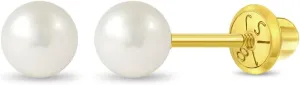 18k Yellow Gold 3mm-6mm Girls' Classic Cultured Pearl Safety Screw Back Earrings - Freshwater Cultured Pearl Earrings for Infants, Toddlers, Little Girls, and Teens