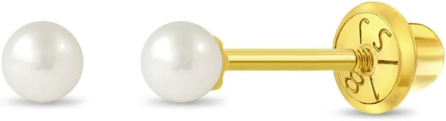 18k Yellow Gold 3mm-6mm Girls' Classic Cultured Pearl Safety Screw Back Earrings - Freshwater Cultured Pearl Earrings for Infants, Toddlers, Little Girls, and Teens