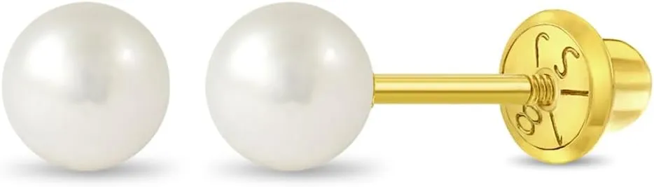 18k Yellow Gold 3mm-6mm Girls' Classic Cultured Pearl Safety Screw Back Earrings - Freshwater Cultured Pearl Earrings for Infants, Toddlers, Little Girls, and Teens