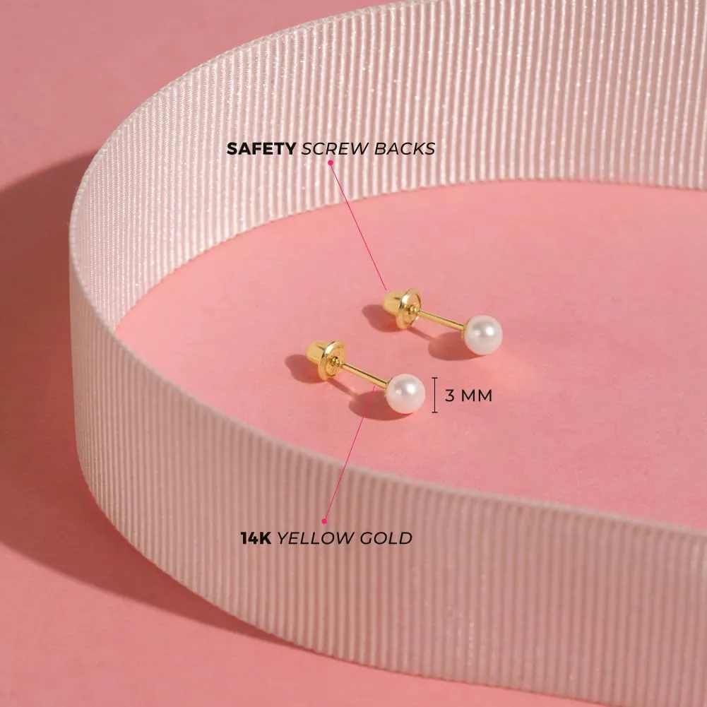 18k Yellow Gold 3mm-6mm Girls' Classic Cultured Pearl Safety Screw Back Earrings - Freshwater Cultured Pearl Earrings for Infants, Toddlers, Little Girls, and Teens