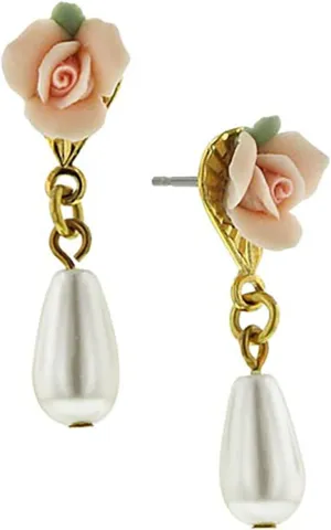 1928 Jewelry Pink Porcelain Rose Faux Pearl Drop Earrings For Women, Hand Crafted Flowers, Timeless Floral Jewellery, Made In USA