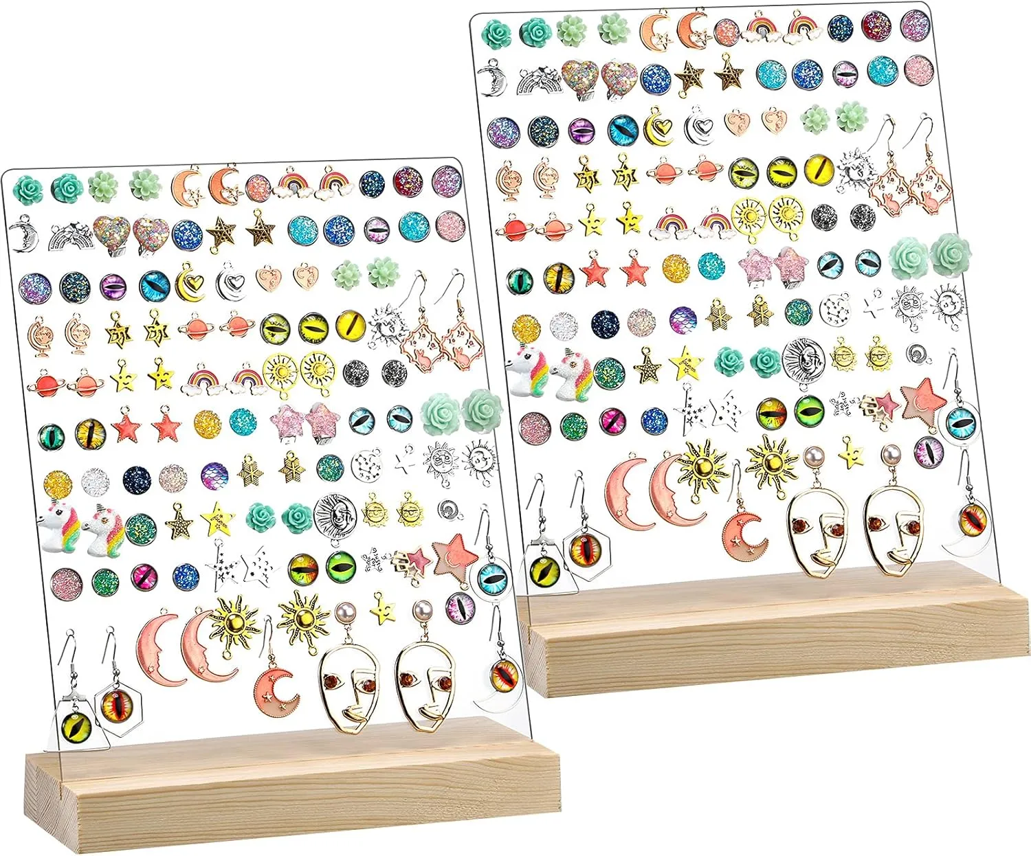 2 Pieces 120 Holes Acrylic Earrings Holders For Girls Clear Earrings Organizer Display Pegboards with Wood Bases Ear Studs Display Stand Earring Stand Jewelry Showcase Racks (Classic Style)