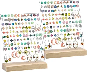2 Pieces 120 Holes Acrylic Earrings Holders For Girls Clear Earrings Organizer Display Pegboards with Wood Bases Ear Studs Display Stand Earring Stand Jewelry Showcase Racks (Classic Style)