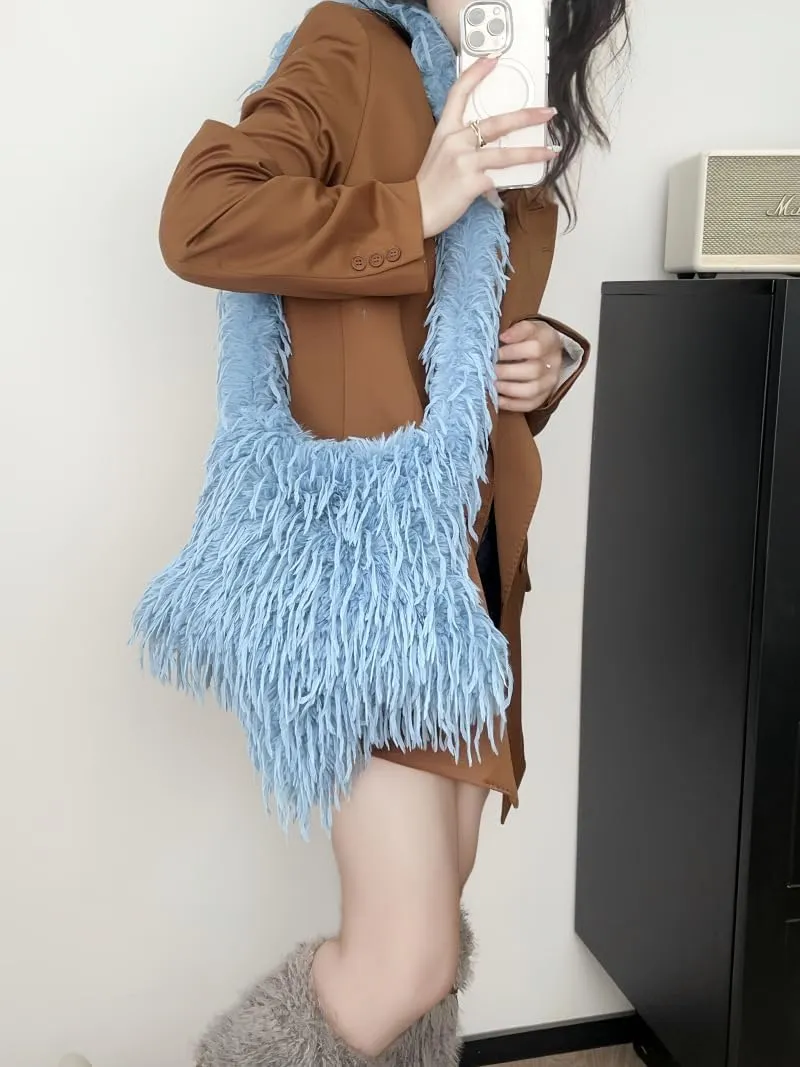 2024 New Y2K Star -shaped Bags Women's Faux Fur Fuzzy Hobo Bag Furry Crossbody Purse Grunge Bag