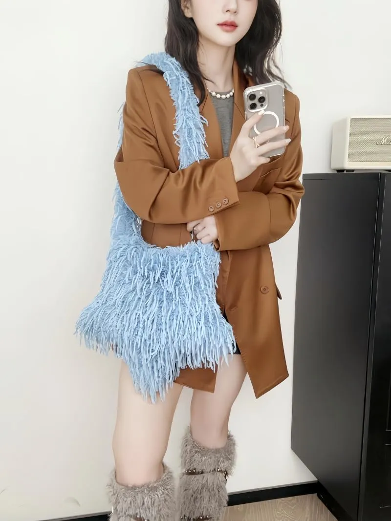 2024 New Y2K Star -shaped Bags Women's Faux Fur Fuzzy Hobo Bag Furry Crossbody Purse Grunge Bag