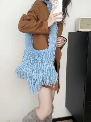 2024 New Y2K Star -shaped Bags Women's Faux Fur Fuzzy Hobo Bag Furry Crossbody Purse Grunge Bag
