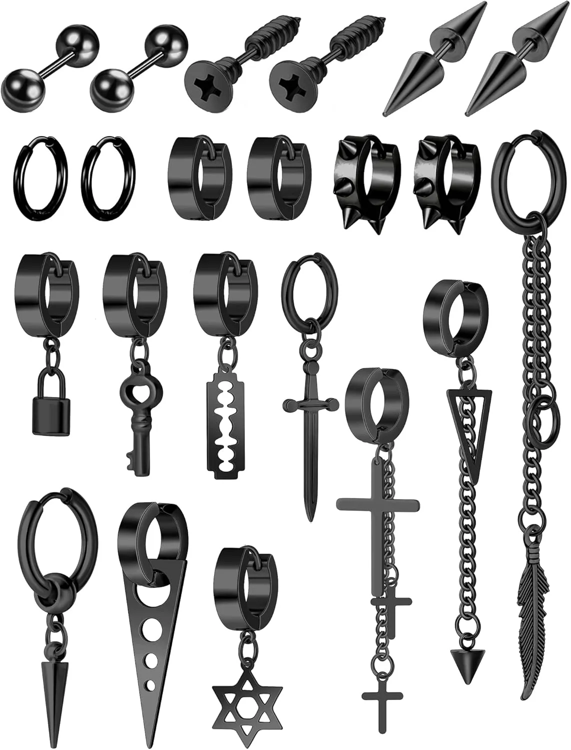 22 Pcs Stainless Steel Dangle Earrings Punk Classic Hoop Huggie Drop Earrings Spike Screw Long Chain Hexagram Stud Earrings Piercing Jewelry Set for Men Silver Black Tone