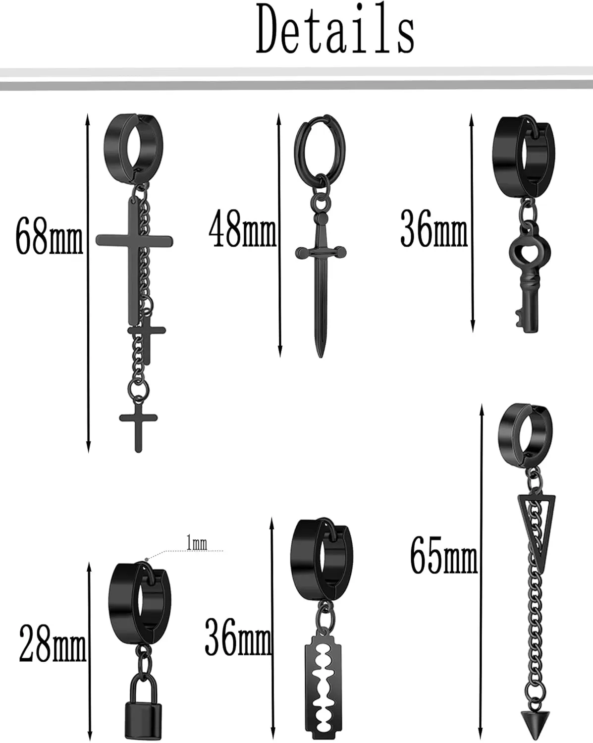 22 Pcs Stainless Steel Dangle Earrings Punk Classic Hoop Huggie Drop Earrings Spike Screw Long Chain Hexagram Stud Earrings Piercing Jewelry Set for Men Silver Black Tone