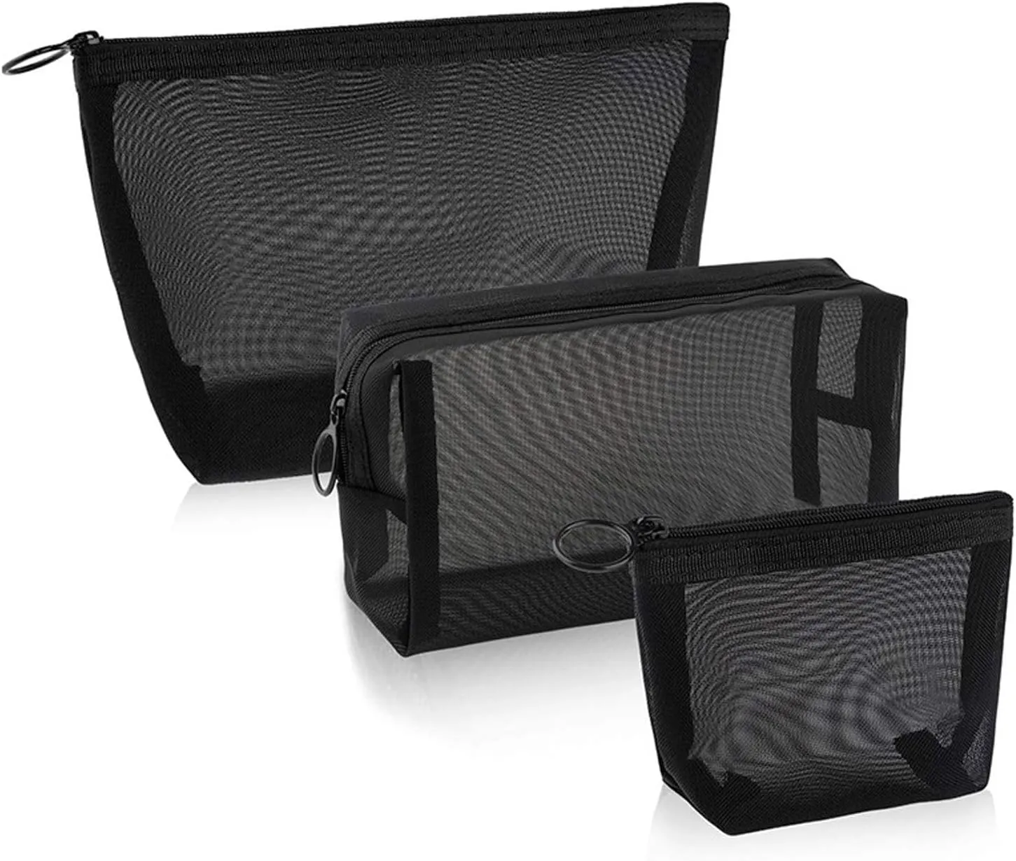 3 Pcs Travel Makeup Bag Nylon Mesh Cosmetic Zipper Bags semitransparent Makeup Bag Large Capacity Cosmetic Bags for Women, Open Flat Toiletry Bag Make up Organizer with Handle