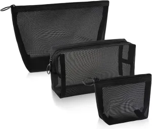 3 Pcs Travel Makeup Bag Nylon Mesh Cosmetic Zipper Bags semitransparent Makeup Bag Large Capacity Cosmetic Bags for Women, Open Flat Toiletry Bag Make up Organizer with Handle