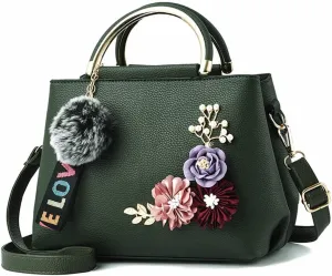 3D Floral Satchel Bag Womens Handbags Faux Leather Medium Tote Bags Top Handle Handbag Crossbody Bag Shoulder Bag, Green