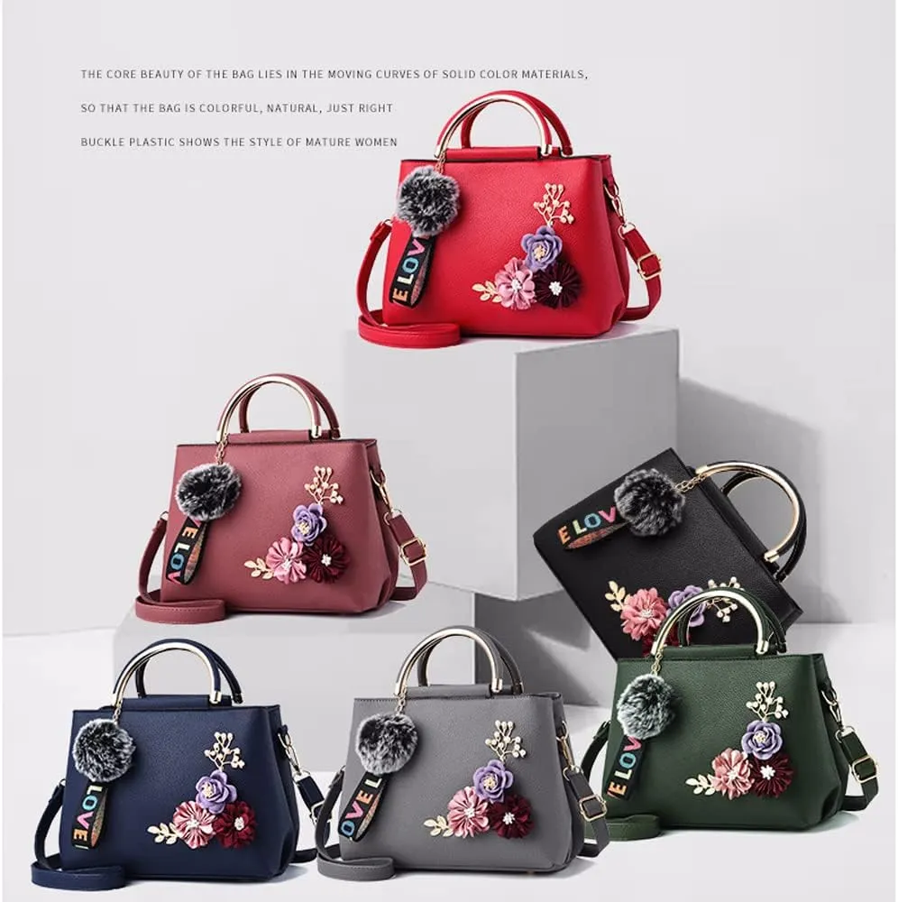 3D Floral Satchel Bag Womens Handbags Faux Leather Medium Tote Bags Top Handle Handbag Crossbody Bag Shoulder Bag, Green