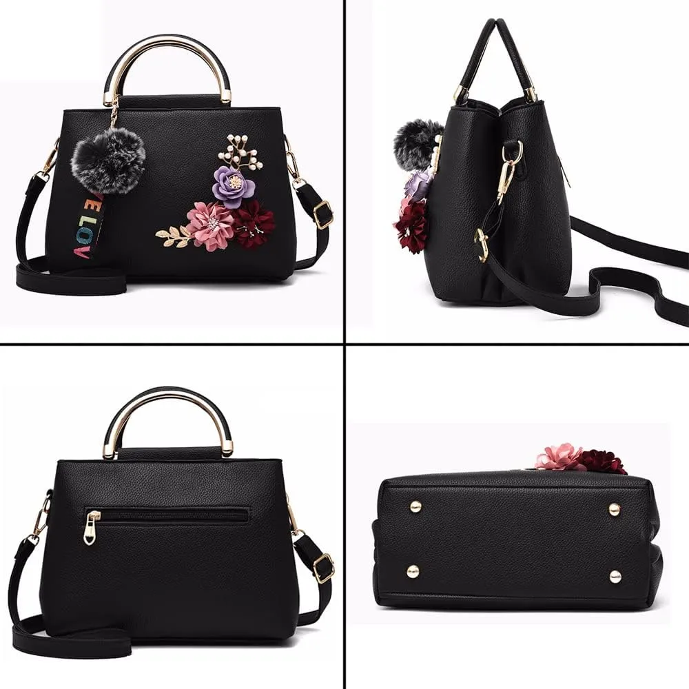 3D Floral Satchel Bag Womens Handbags Faux Leather Medium Tote Bags Top Handle Handbag Crossbody Bag Shoulder Bag, Green