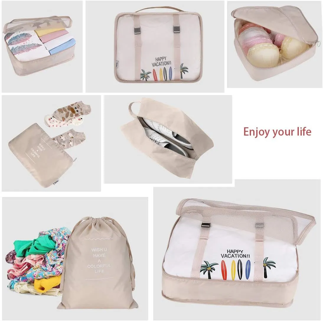 7 Set Travel Luggage Organizer, Sturdy and Durable,Comfortable Handles, Wash and Makeup Separate Storage Bag (Beige, 7 Set)