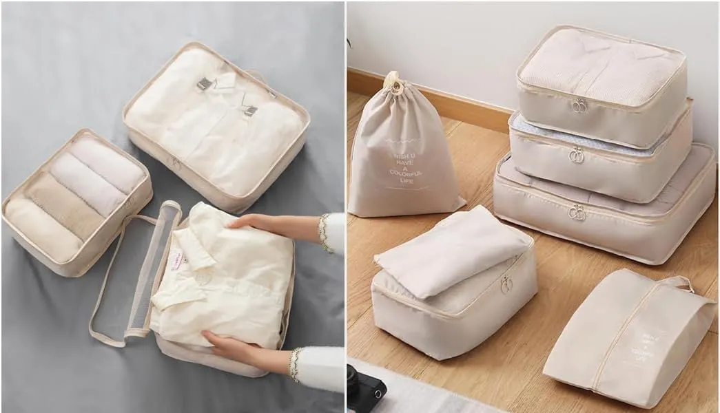 7 Set Travel Luggage Organizer, Sturdy and Durable,Comfortable Handles, Wash and Makeup Separate Storage Bag (Beige, 7 Set)