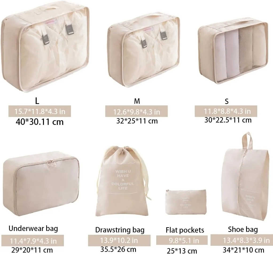 7 Set Travel Luggage Organizer, Sturdy and Durable,Comfortable Handles, Wash and Makeup Separate Storage Bag (Beige, 7 Set)