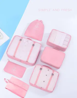7 Set Travel Luggage Organizer, Sturdy and Durable,Comfortable Handles, Wash and Makeup Separate Storage Bag (Pink, 7 Set)