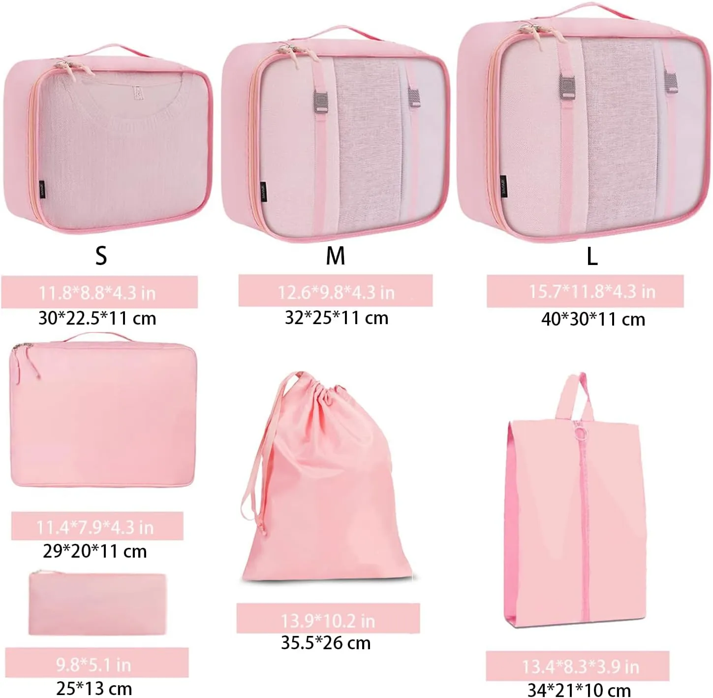 7 Set Travel Luggage Organizer, Sturdy and Durable,Comfortable Handles, Wash and Makeup Separate Storage Bag (Pink, 7 Set)