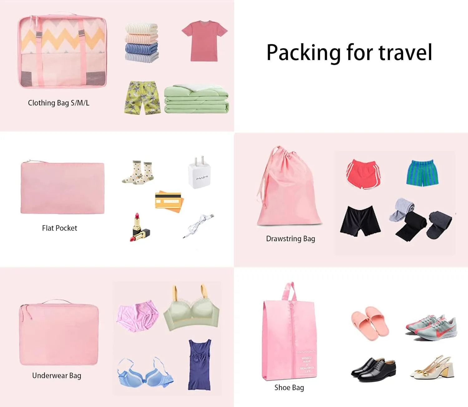 7 Set Travel Luggage Organizer, Sturdy and Durable,Comfortable Handles, Wash and Makeup Separate Storage Bag (Pink, 7 Set)