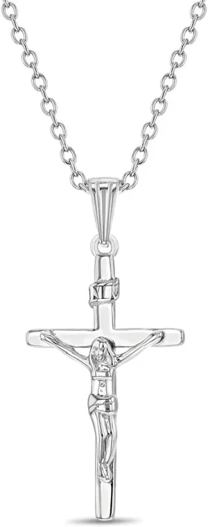 925 Sterling Silver 19" Traditional Jesus Crucifix Pendant Necklace for Young Girls & Teens - Religious Classic Cross Pendant Charm Jewelry for Girls - Shiny & Timeless Petite Crucifix for Preteens