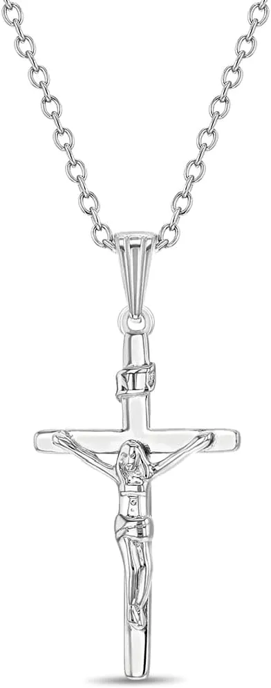 925 Sterling Silver 19" Traditional Jesus Crucifix Pendant Necklace for Young Girls & Teens - Religious Classic Cross Pendant Charm Jewelry for Girls - Shiny & Timeless Petite Crucifix for Preteens