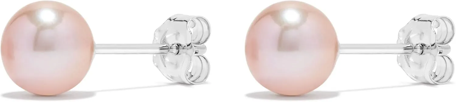 .925 Sterling Silver AAA Round Pink Freshwater Cultured Pearl Classic Stud Earrings - Choice of Pearl Size