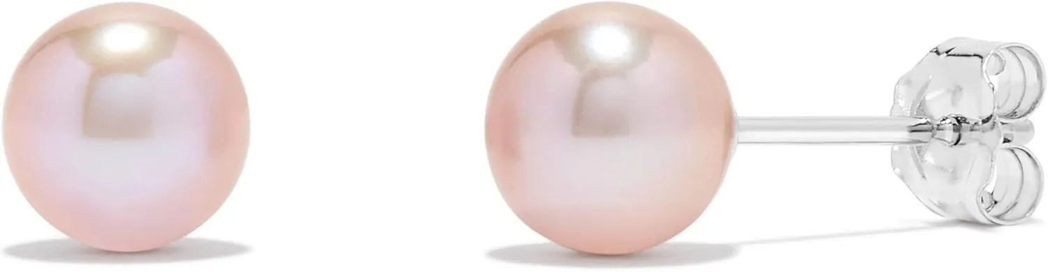 .925 Sterling Silver AAA Round Pink Freshwater Cultured Pearl Classic Stud Earrings - Choice of Pearl Size