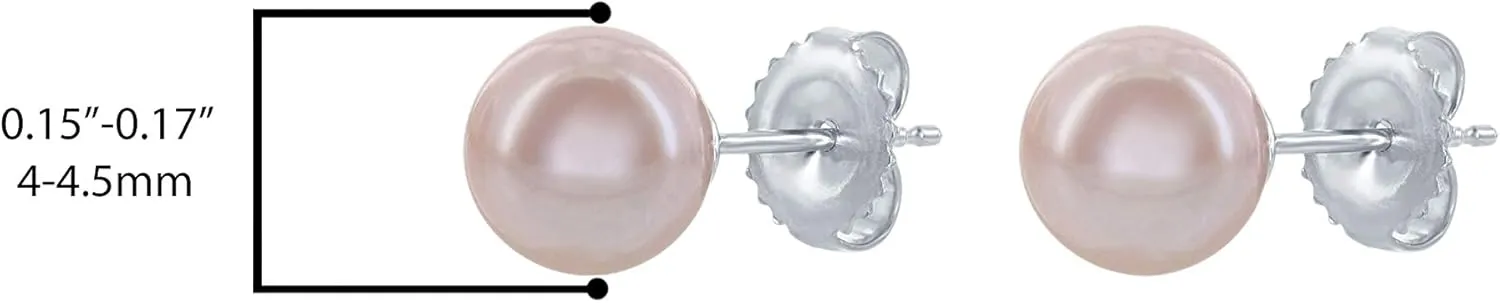 .925 Sterling Silver AAA Round Pink Freshwater Cultured Pearl Classic Stud Earrings - Choice of Pearl Size