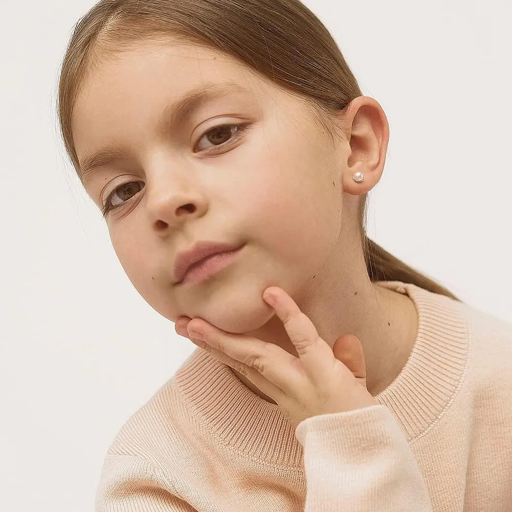 925 Sterling Silver Classic 3mm,4mm,5mm Pink Simulated Pearl Toddler Earrings - Baby Girl Earrings Gift for Birthdays, Baptisms, Holidays, or Any Special Occasion - Adorable Earrings