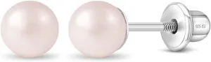 925 Sterling Silver Classic 3mm,4mm,5mm Pink Simulated Pearl Toddler Earrings - Baby Girl Earrings Gift for Birthdays, Baptisms, Holidays, or Any Special Occasion - Adorable Earrings