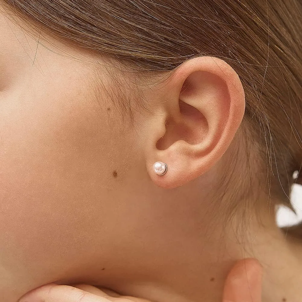 925 Sterling Silver Classic 3mm,4mm,5mm Pink Simulated Pearl Toddler Earrings - Baby Girl Earrings Gift for Birthdays, Baptisms, Holidays, or Any Special Occasion - Adorable Earrings