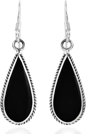 AeraVida Classic Teardrop Shaped Simulated Black Onyx Inlaid .925 Sterling Silver Dangle Earrings | Elegant Teardrop Black Onyx and Silver Drop Earrings for Women