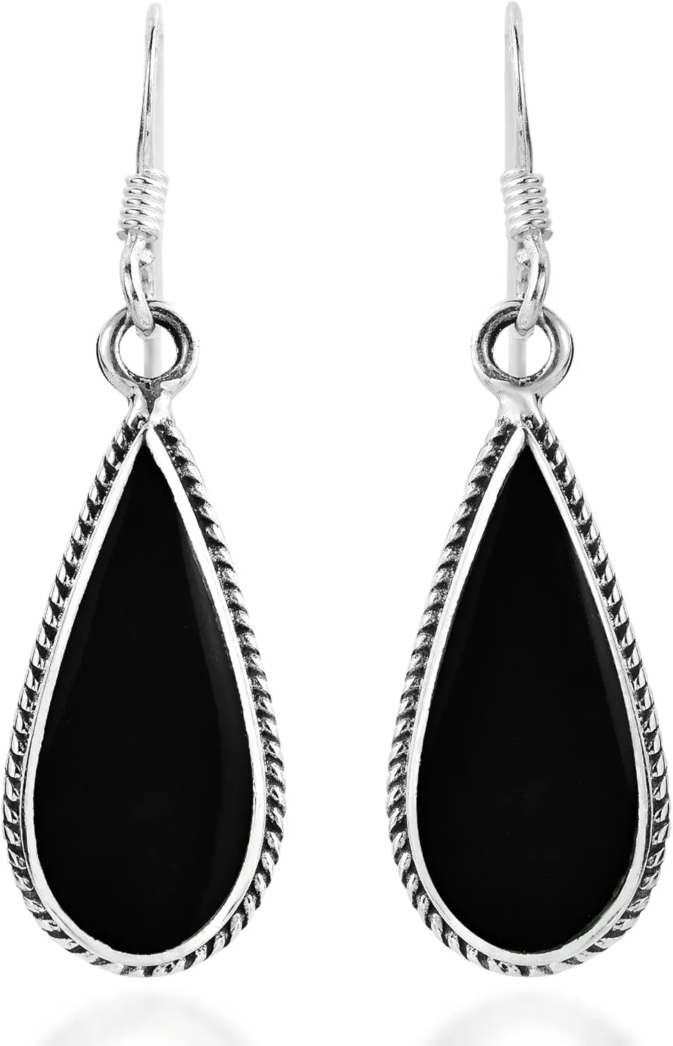 AeraVida Classic Teardrop Shaped Simulated Black Onyx Inlaid .925 Sterling Silver Dangle Earrings | Elegant Teardrop Black Onyx and Silver Drop Earrings for Women