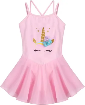 Aislor Girls Kids Sleeveless Shoulder Straps Horse Print Bodice A-line Skirt Dance Leotard with Built-in Briefs