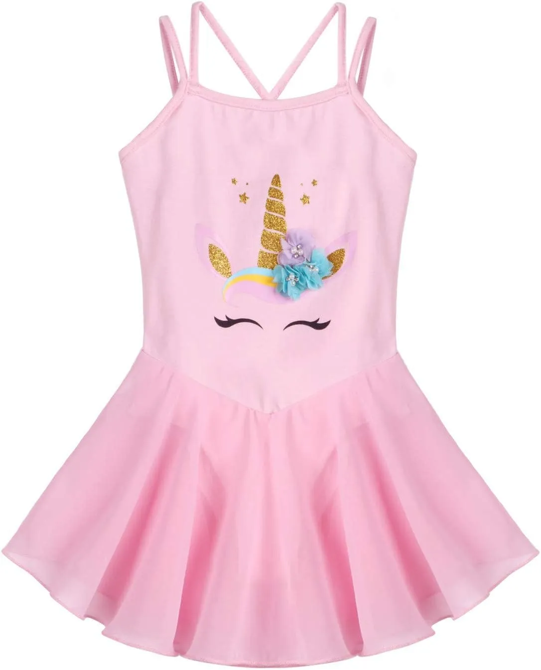 Aislor Girls Kids Sleeveless Shoulder Straps Horse Print Bodice A-line Skirt Dance Leotard with Built-in Briefs