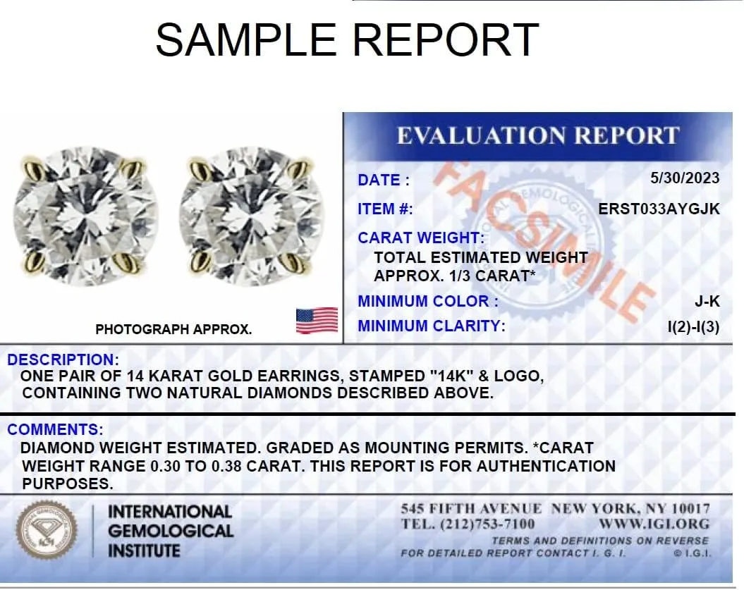 Amanda Rose Collection IGI Certified 1/4 to 1/3ct TW Classic Round Natural Diamond Solitaire Stud Earrings for Women in 14K White or 14K Yellow Gold