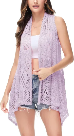 Anna-Kaci Womens Sleeveless Open Front Crochet Shawl Cardigan Bikini Cover Up