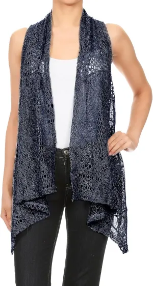 Anna-Kaci Womens Sleeveless Open Front Crochet Shawl Cardigan Bikini Cover Up