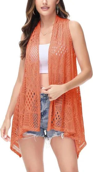 Anna-Kaci Womens Sleeveless Open Front Crochet Shawl Cardigan Bikini Cover Up