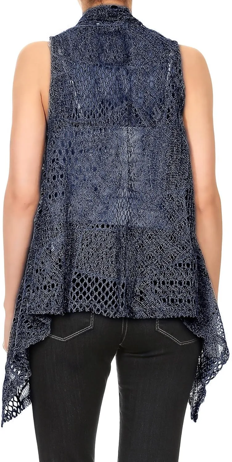 Anna-Kaci Womens Sleeveless Open Front Crochet Shawl Cardigan Bikini Cover Up